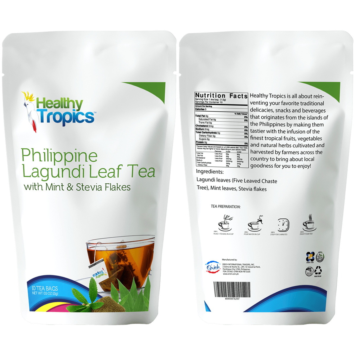 Healthy Tropics Philippine Lagundi Leaf Tea (Five Leaved Chaste Tree) with Mint and Stevia Flakes, 15g