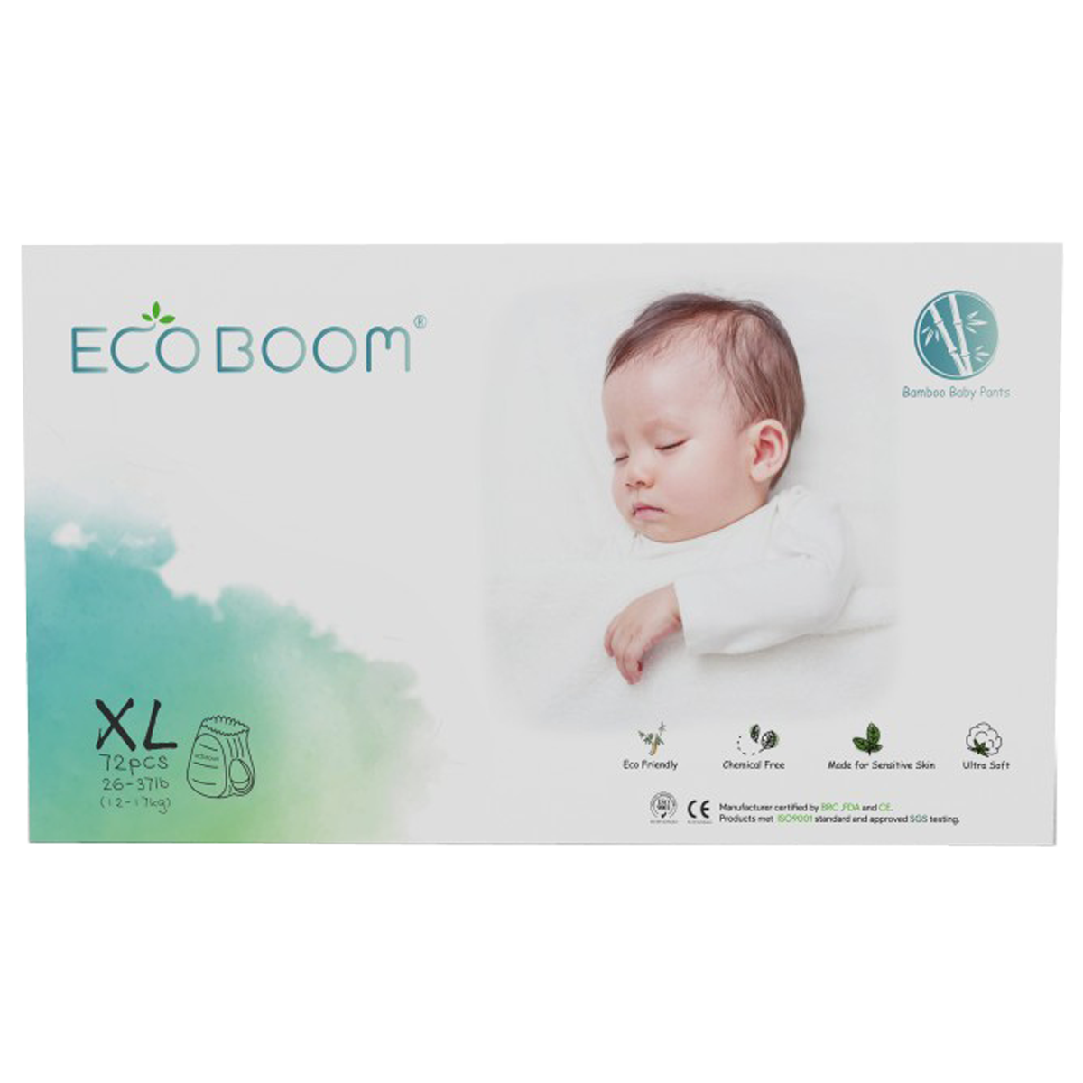 XL Pants Bamboo Eco Boom Eco Friendly Biodegradable Disposable Diapers for Babies 26 to 37 pounds, 72 pcs
