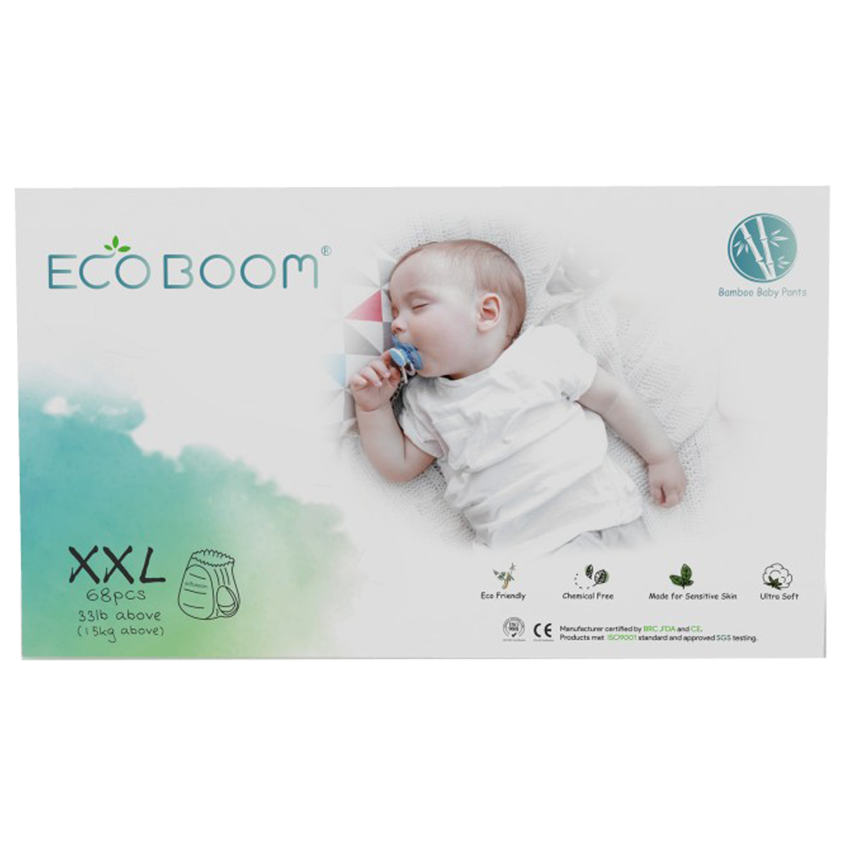 XXL Pants Bamboo Eco Boom Eco Friendly Biodegredable Disposable Diapers for Babies 33 pounds and above, 68 pcs
