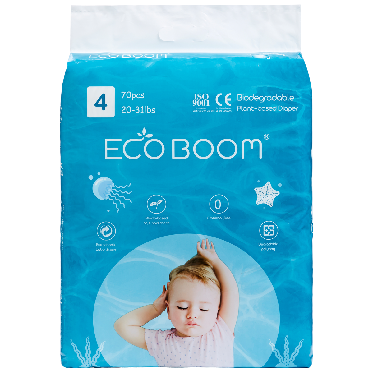 Large Tape Plant-based Eco Boom Eco Friendly Biodegredable For Babies 20-31 pounds, 70 pcs